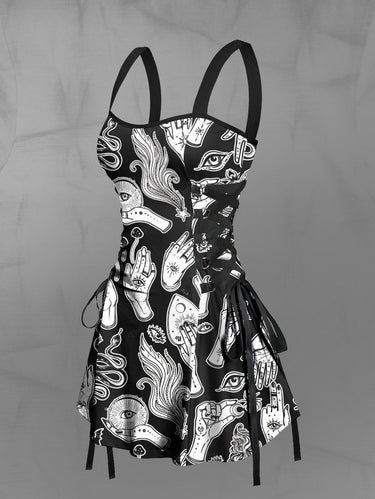 Gothic Eye Hand Mushroom Bat Snake Print Lace Up A Line Tank Dress