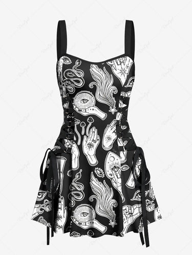 Gothic Eye Hand Mushroom Bat Snake Print Lace Up A Line Tank Dress