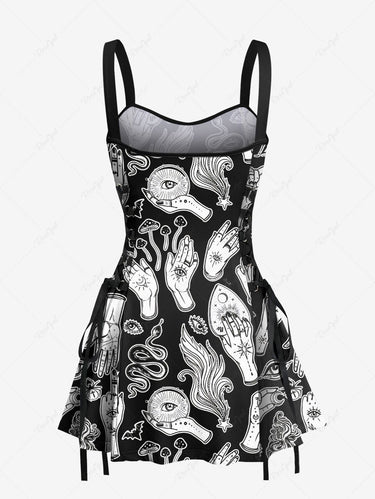 Gothic Eye Hand Mushroom Bat Snake Print Lace Up A Line Tank Dress