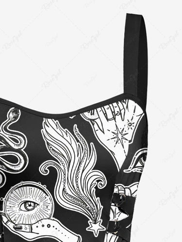 Gothic Eye Hand Mushroom Bat Snake Print Lace Up A Line Tank Dress