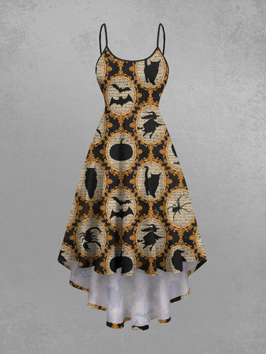 Gothic Plus Size Bat Wizard Pumpkin Cat Crow Mirror Print High Low Asymmetric Cami Dress
