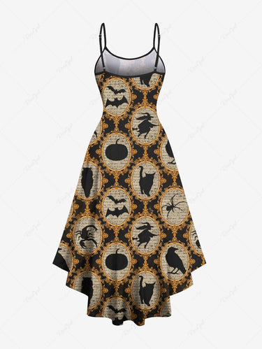 Gothic Plus Size Bat Wizard Pumpkin Cat Crow Mirror Print High Low Asymmetric Cami Dress