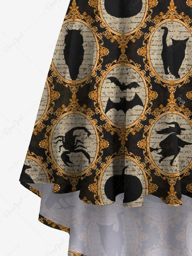 Gothic Plus Size Bat Wizard Pumpkin Cat Crow Mirror Print High Low Asymmetric Cami Dress