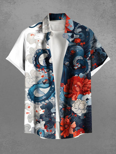 Gothic Plus Size Octopus Floral Cloud Print Hawaii Button Pocket Shirt For Men