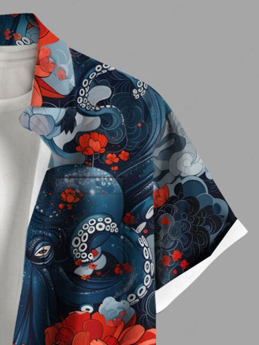 Gothic Plus Size Octopus Floral Cloud Print Hawaii Button Pocket Shirt For Men