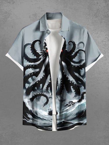Gothic Plus Size Octopus Sea Waves Sailboat Print Hawaii Cruise Button Pocket Shirt For Men