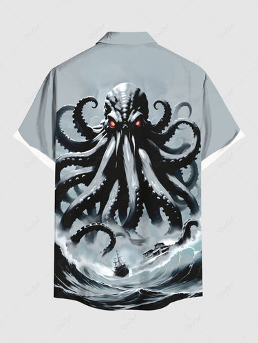 Gothic Plus Size Octopus Sea Waves Sailboat Print Hawaii Cruise Button Pocket Shirt For Men