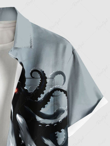 Gothic Plus Size Octopus Sea Waves Sailboat Print Hawaii Cruise Button Pocket Shirt For Men