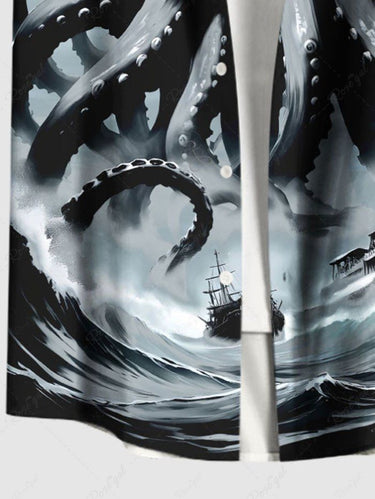 Gothic Plus Size Octopus Sea Waves Sailboat Print Hawaii Cruise Button Pocket Shirt For Men