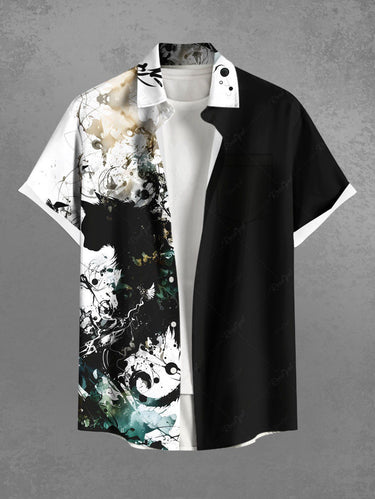 Gothic Plus Size Ink Painting Splatter Cat Print Button Pocket Shirt For Men
