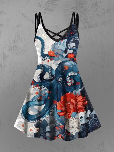 Gothic Plus Size Octopus Floral Cloud Print Hawaii Crisscross Strappy A Line Cami Dress