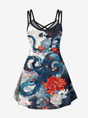 Gothic Plus Size Octopus Floral Cloud Print Hawaii Crisscross Strappy A Line Cami Dress