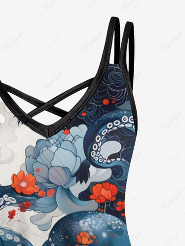 Gothic Plus Size Octopus Floral Cloud Print Hawaii Crisscross Strappy A Line Cami Dress