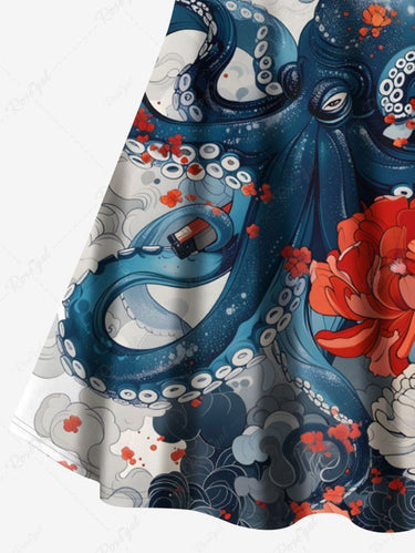 Gothic Plus Size Octopus Floral Cloud Print Hawaii Crisscross Strappy A Line Cami Dress