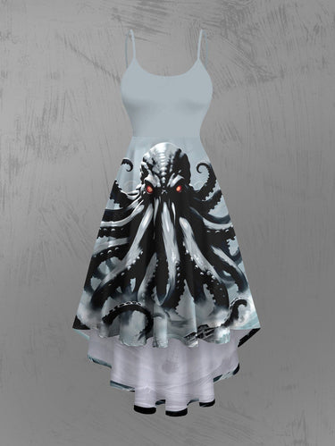 Gothic Plus Size Octopus Sea Waves Sailboat Print Hawaii Cruise High Low Asymmetric Cami Dress