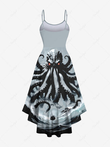 Gothic Plus Size Octopus Sea Waves Sailboat Print Hawaii Cruise High Low Asymmetric Cami Dress