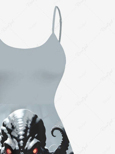 Gothic Plus Size Octopus Sea Waves Sailboat Print Hawaii Cruise High Low Asymmetric Cami Dress