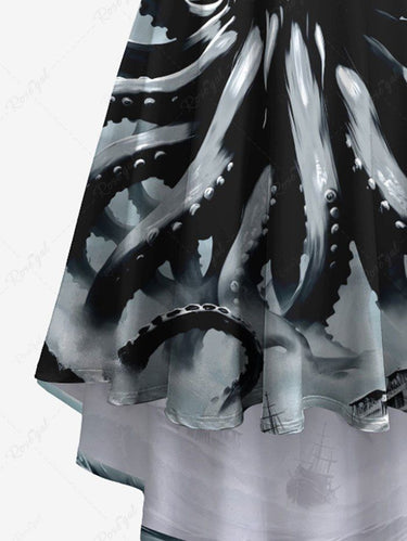 Gothic Plus Size Octopus Sea Waves Sailboat Print Hawaii Cruise High Low Asymmetric Cami Dress