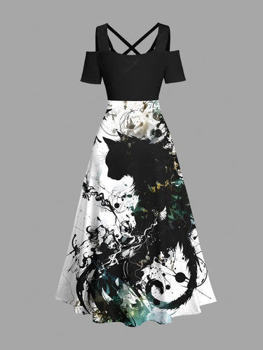 Gothic Plus Size Ink Painting Splatter Cat Printed Cold Shoulder Crisscross A Line Maxi Dress