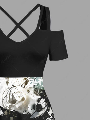 Gothic Plus Size Ink Painting Splatter Cat Printed Cold Shoulder Crisscross A Line Maxi Dress