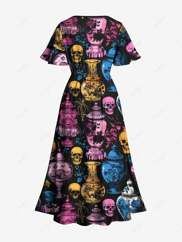 Gothic Plus Size Colorful Skull Vase Print Split Pocket A Line Midi Dress