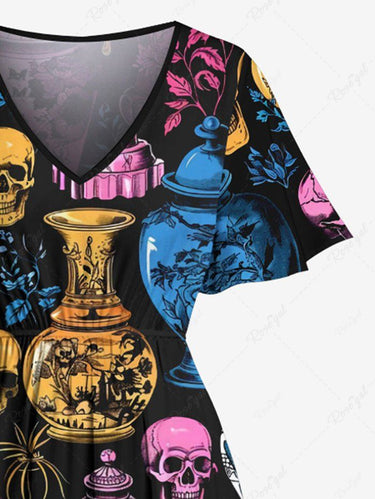 Gothic Plus Size Colorful Skull Vase Print Split Pocket A Line Midi Dress