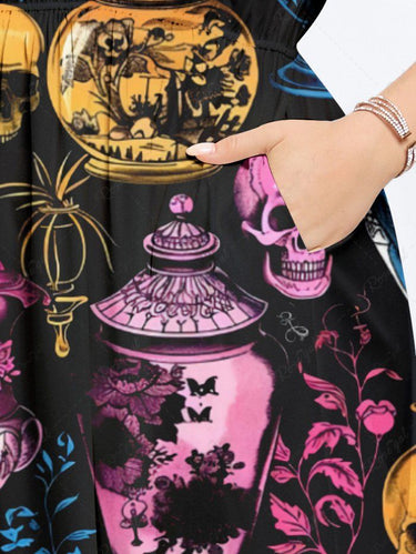 Gothic Plus Size Colorful Skull Vase Print Split Pocket A Line Midi Dress