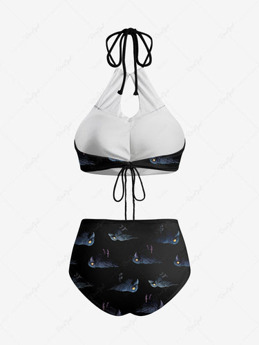 Gothic Crow Print Hollow Out Halter Backless Tankini Swimsuit