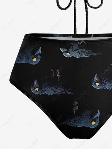 Gothic Crow Print Hollow Out Halter Backless Tankini Swimsuit