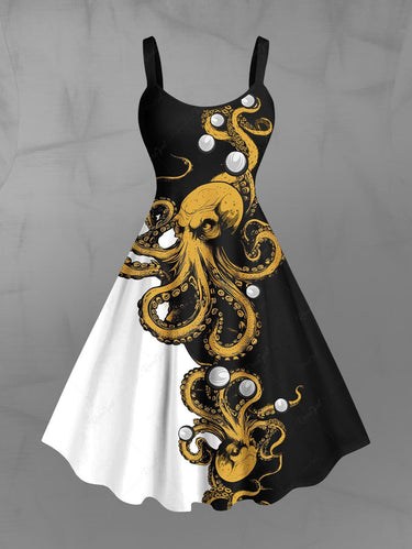 Gothic Plus Size Octopus Bubble Contrast Colorblock Print Hawaii A Line Tank Dress
