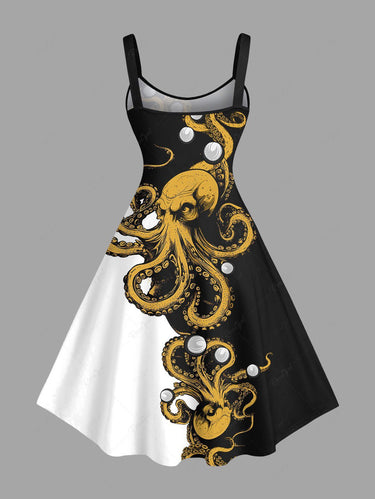 Gothic Plus Size Octopus Bubble Contrast Colorblock Print Hawaii A Line Tank Dress