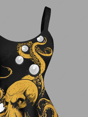 Gothic Plus Size Octopus Bubble Contrast Colorblock Print Hawaii A Line Tank Dress