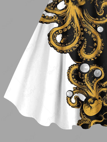 Gothic Plus Size Octopus Bubble Contrast Colorblock Print Hawaii A Line Tank Dress