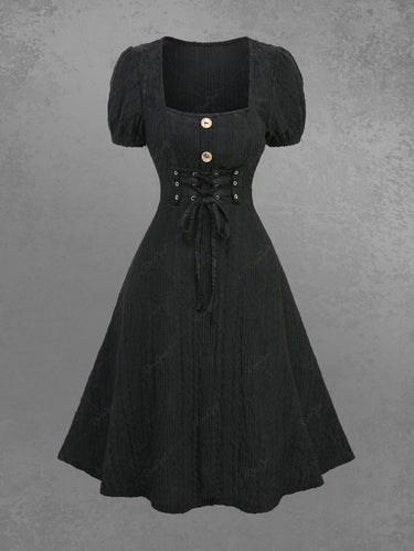 Gothic Lace Up Textured Mock Button A Line Dress