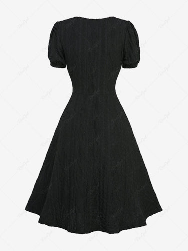 Gothic Lace Up Textured Mock Button A Line Dress Black / S Gothic Lace Up Textured Mock Button A Line Dress Black / S