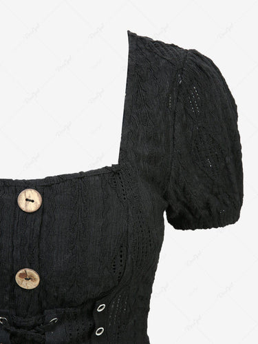 Gothic Lace Up Textured Mock Button A Line Dress