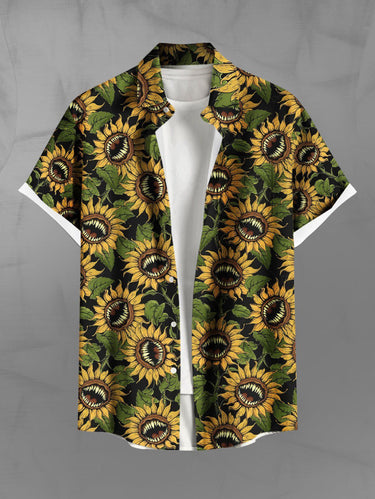 Gothic Plus Size Piranha Plant Sunflower Print Button Pocket Shirt For Men