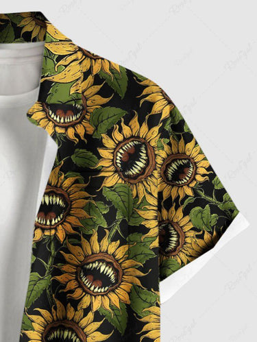 Gothic Plus Size Piranha Plant Sunflower Print Button Pocket Shirt For Men