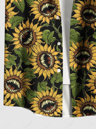 Gothic Plus Size Piranha Plant Sunflower Print Button Pocket Shirt For Men