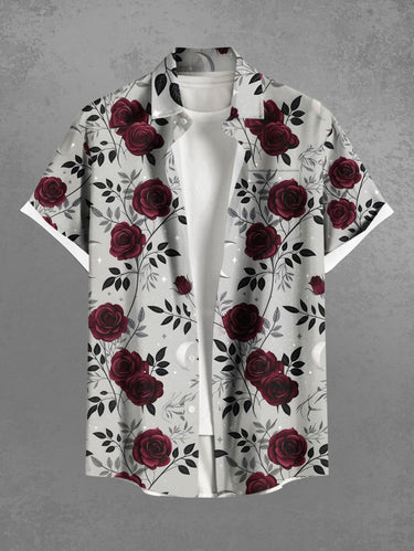 Gothic Plus Size Rose Flower Leaves Branch Print Button Pocket Shirt For Men