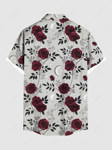 Gothic Plus Size Rose Flower Leaves Branch Print Button Pocket Shirt For Men