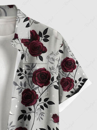Gothic Plus Size Rose Flower Leaves Branch Print Button Pocket Shirt For Men