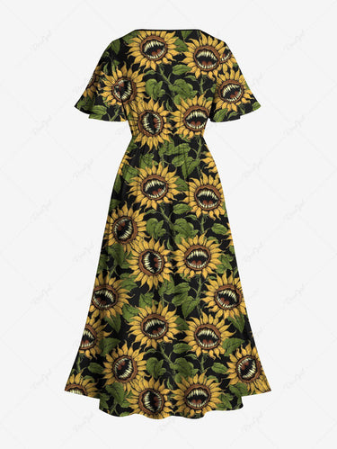 Gothic Plus Size Piranha Plant Sunflower Print Split Pocket A Line Midi Dress