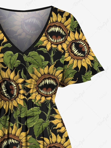 Gothic Plus Size Piranha Plant Sunflower Print Split Pocket A Line Midi Dress