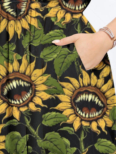 Gothic Plus Size Piranha Plant Sunflower Print Split Pocket A Line Midi Dress