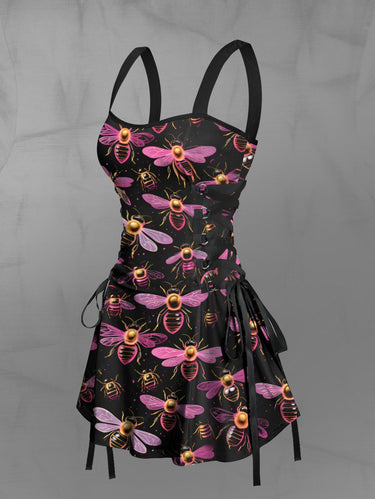 Gothic Bee Print Lace Up A Line Tank Dress