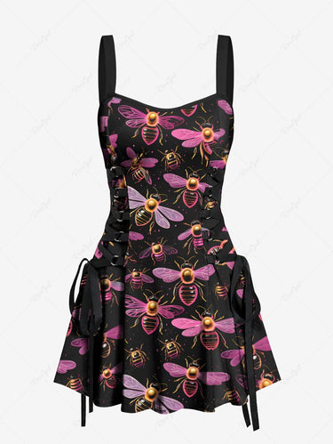 Gothic Bee Print Lace Up A Line Tank Dress