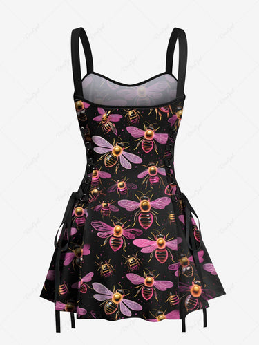 Gothic Bee Print Lace Up A Line Tank Dress