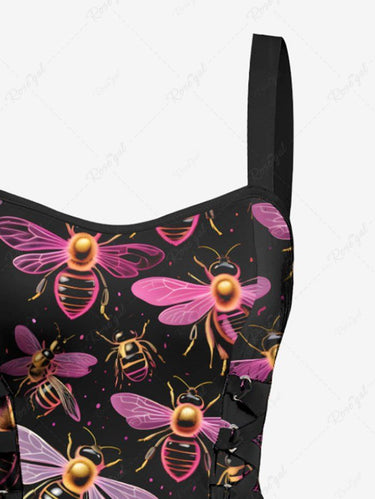 Gothic Bee Print Lace Up A Line Tank Dress