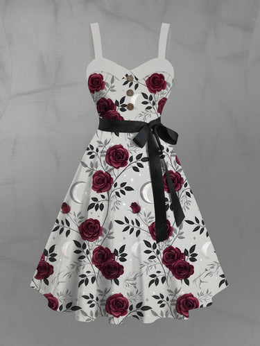 Gothic Plus Size Rose Flower Leaves Branch Print Button A Line Tank Dress with Removable Belt